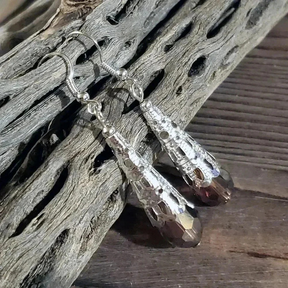Handcrafted Caged Filigree Faceted Purple Crystal Silver Teardrop Earrings - Picture 7 of 8